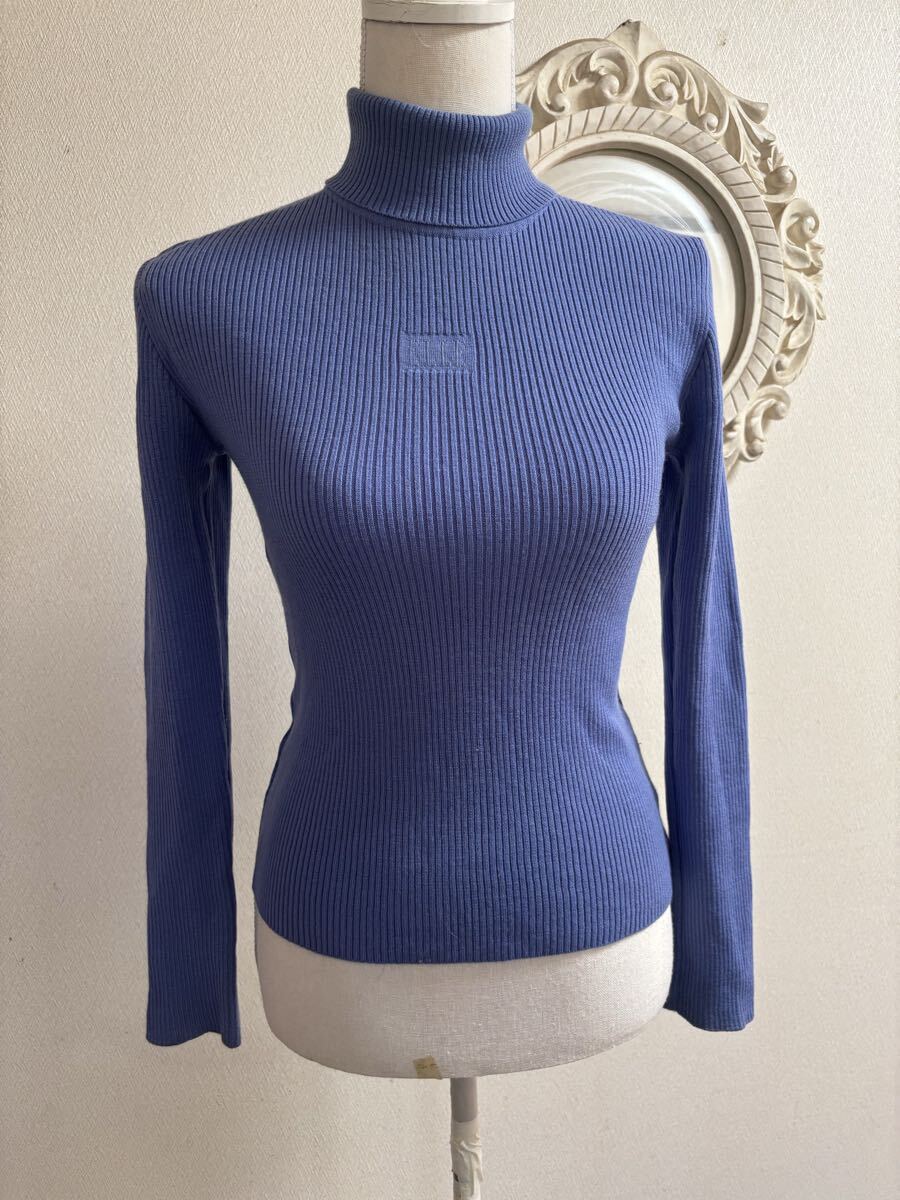 エル ELLE sportリブ編み タートルネック セーター青 長袖M 38拍卖