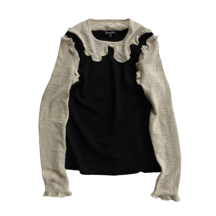 シャネル (CHANEL) カシミア シルク ニット フリル デザイン トップス 長袖 38 ブラック P54820 ウェア(中古)拍卖