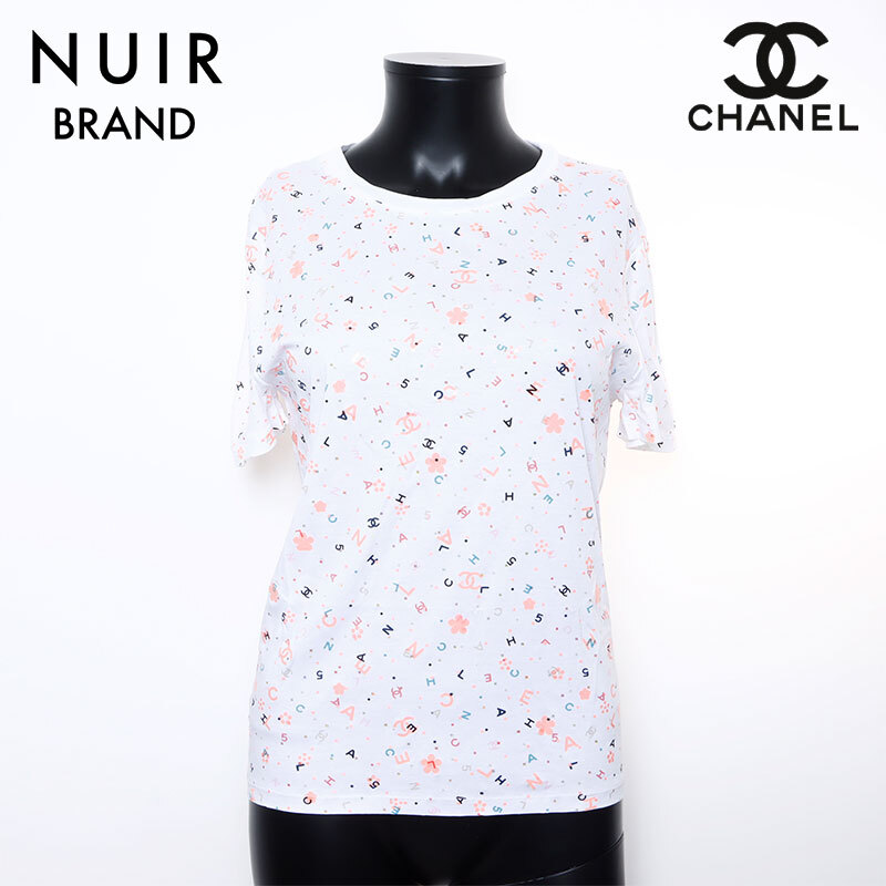 極美品 シャネル CHANEL ロゴ 総柄 カットソー 半袖Tシャツ ホワイト WS9403拍卖