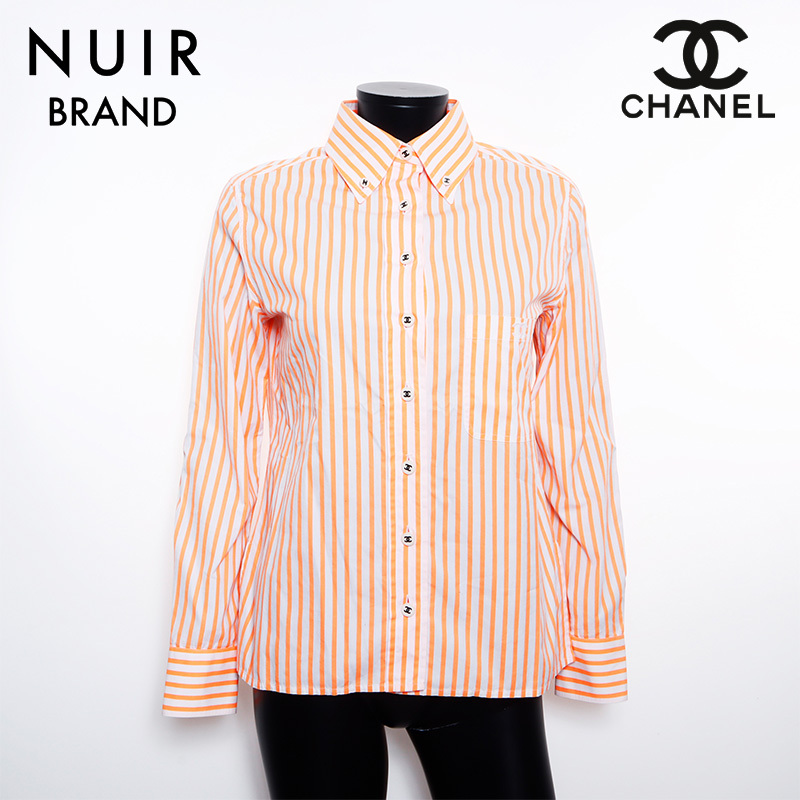極美品 シャネル CHANEL Size:42 ストライプ ココマーク刺繍 長袖シャツ オレンジ WS11556拍卖