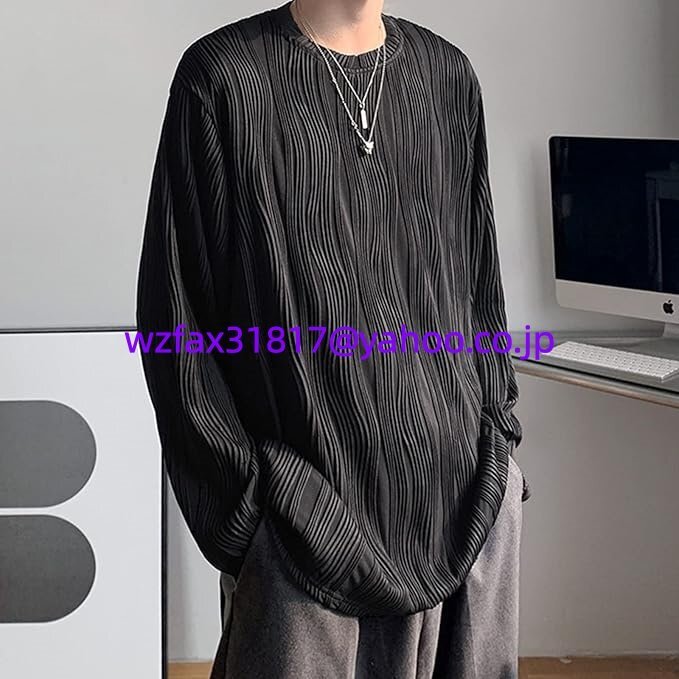 メンズ しわ加工 肌触り 長袖Tシャツ クルーネック ゆったり ルームウェア インスタイル ボリュームスリーブ拍卖
