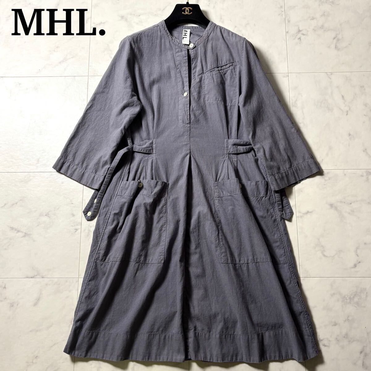 MHL. エムエイチエル マーガレットハウエル バンドカラー シャツ ワンピース コットン ウール サイズⅡ インディゴ系 レディース拍卖