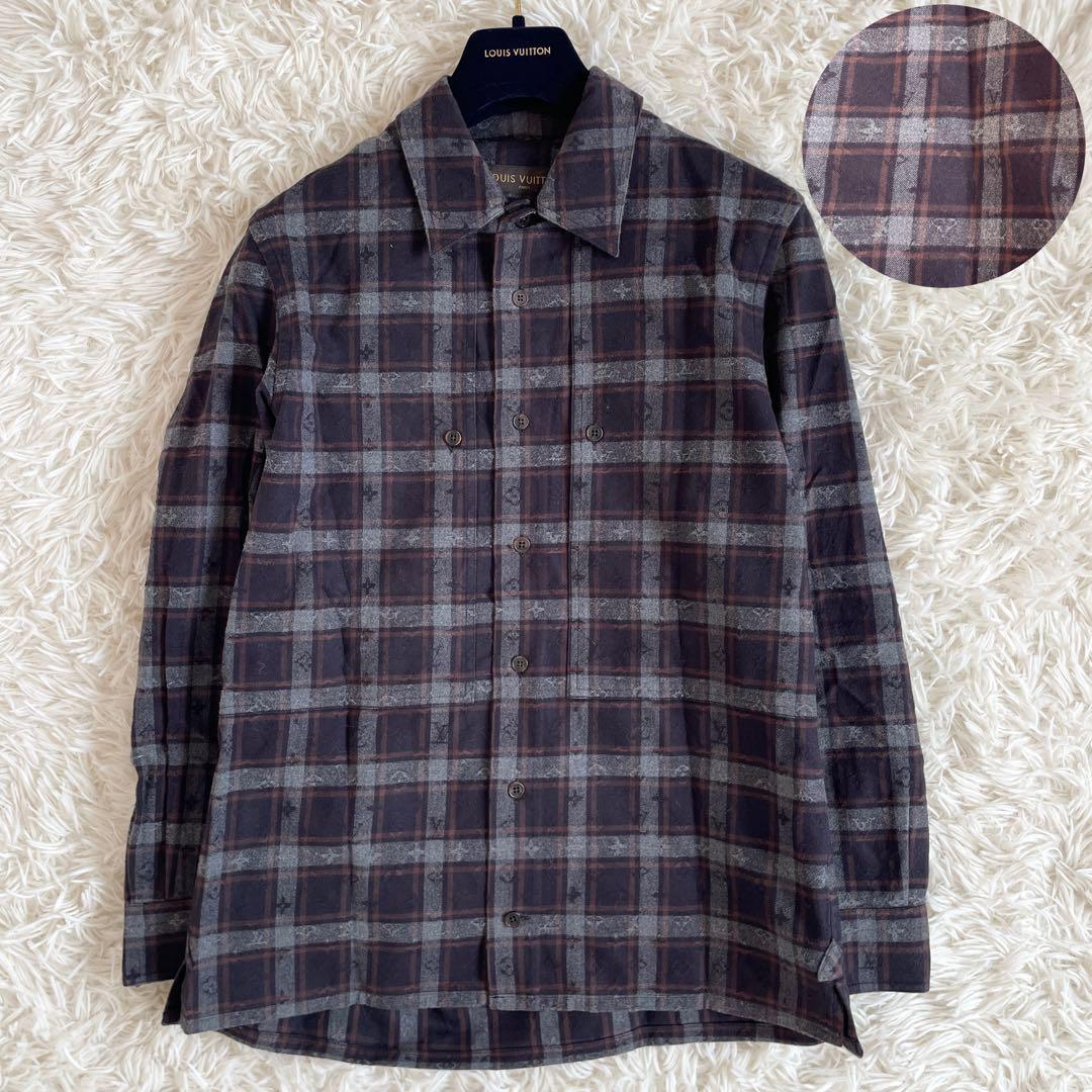 美品 LOUIS VUITTON ルイヴィトン ネルシャツ モノグラム 総柄 チェック 紺 M相当 Yシャツ ネイビー グレー 長袖 襟付き メンズ拍卖