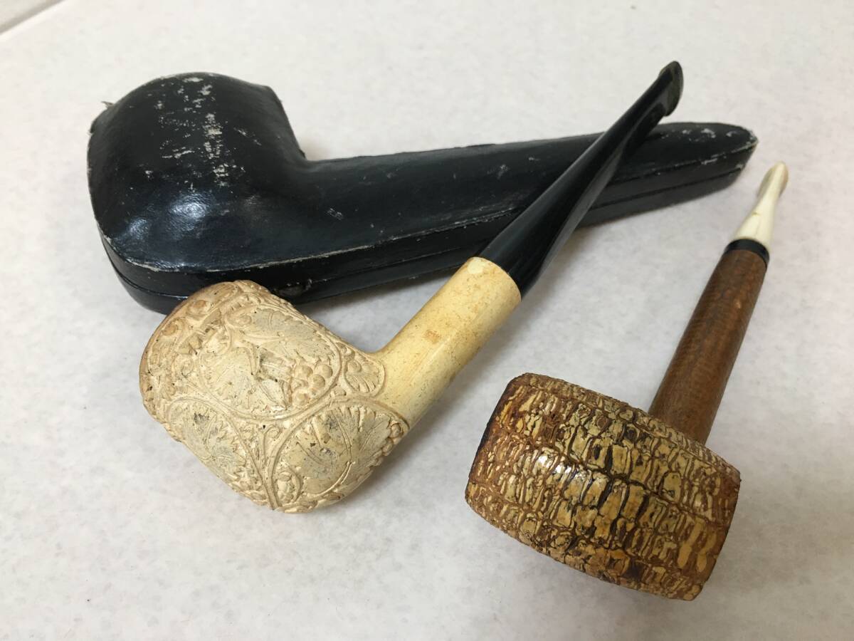 E755 パイプ メシャム 海泡石 葡萄彫 ケース付 コーンパイプ 2本 喫煙具 拍卖