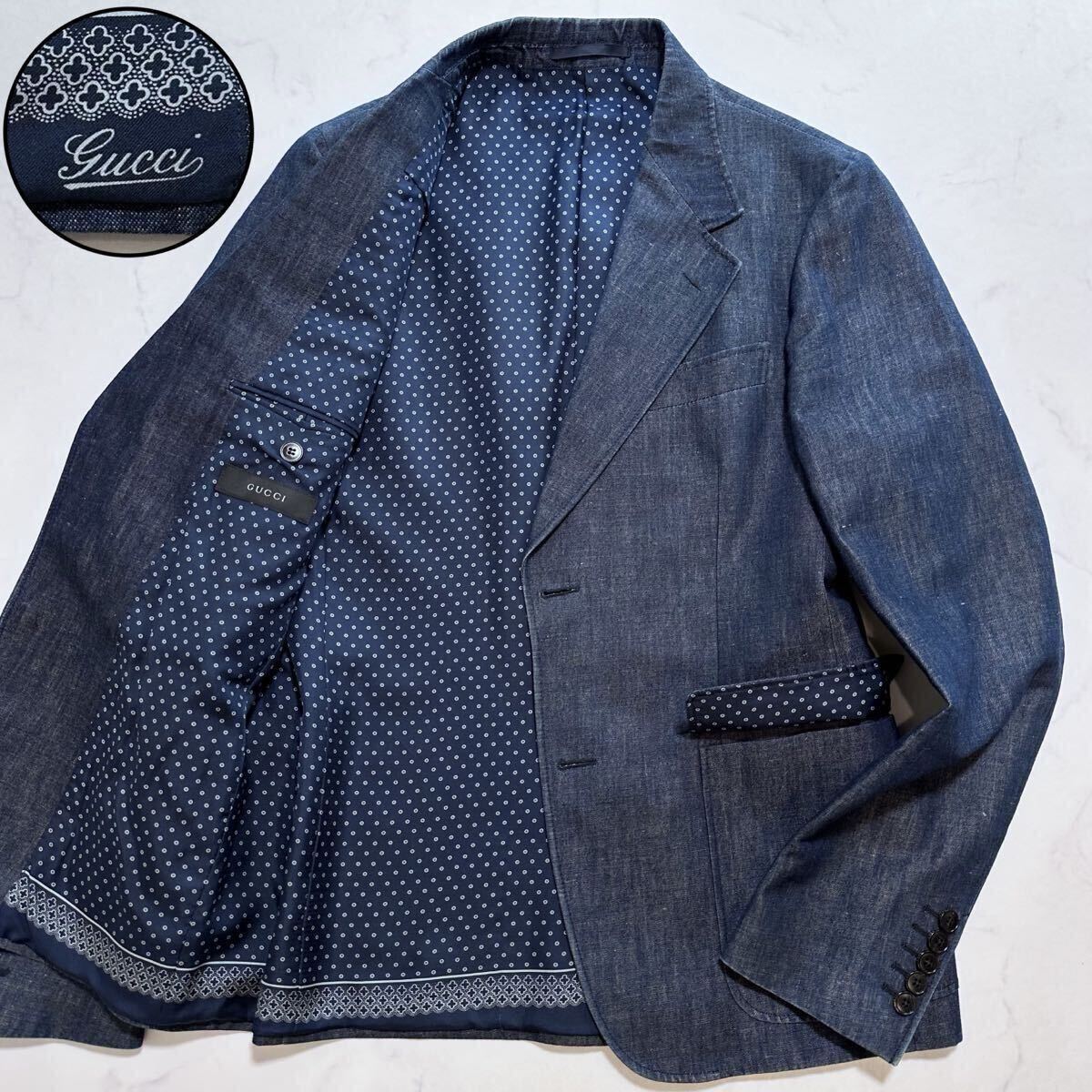 美品 L位◎GUCCI 裏地シルク100% デニムテーラードジャケット グッチロゴ メンズ ドット柄 コットンリネン イタリア製 ケリング 48R 7Drop拍卖