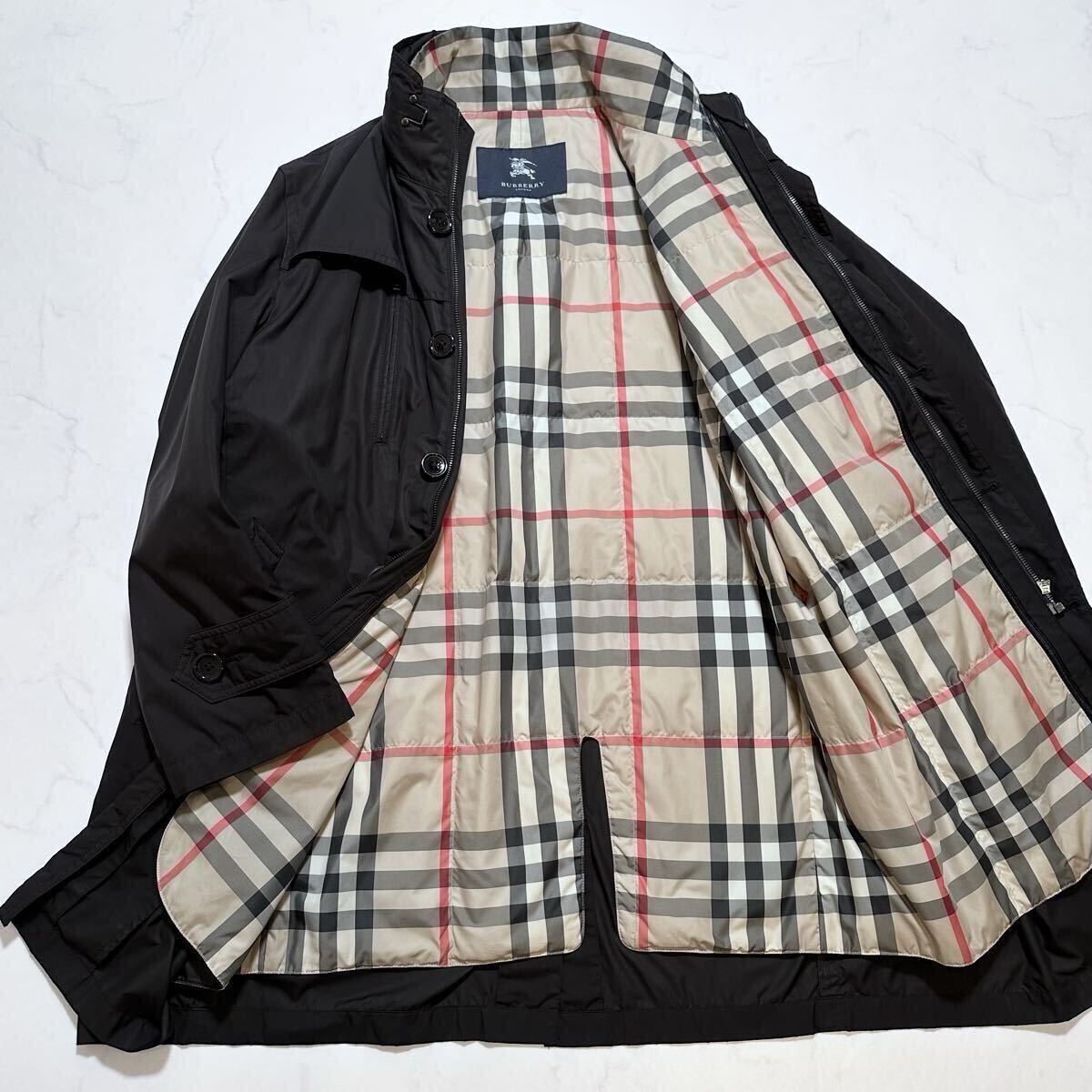 美品 2WAY L◎バーバリーロンドン ダウンライナー 2wayコート メガチェック ノバチェック 収納フード メンズ ブラック 黒 BURBERRY LONDON拍卖