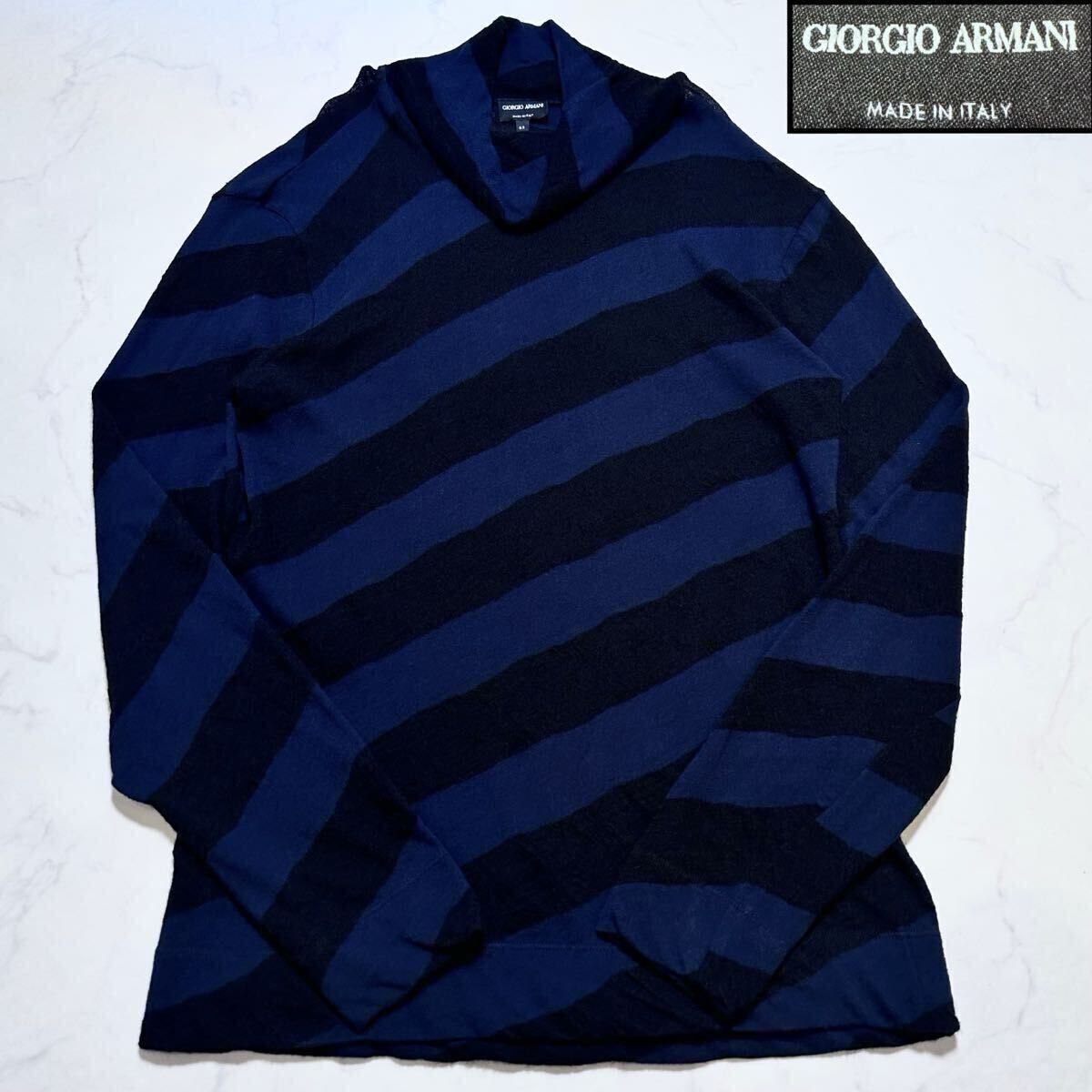 極美品 2XL位◎ジョルジオアルマーニ タートルネック セーター 黒タグ ボーダー メンズ 秋冬 ネイビー ブラック 紺 黒 52 GIORGIO ARMANI拍卖