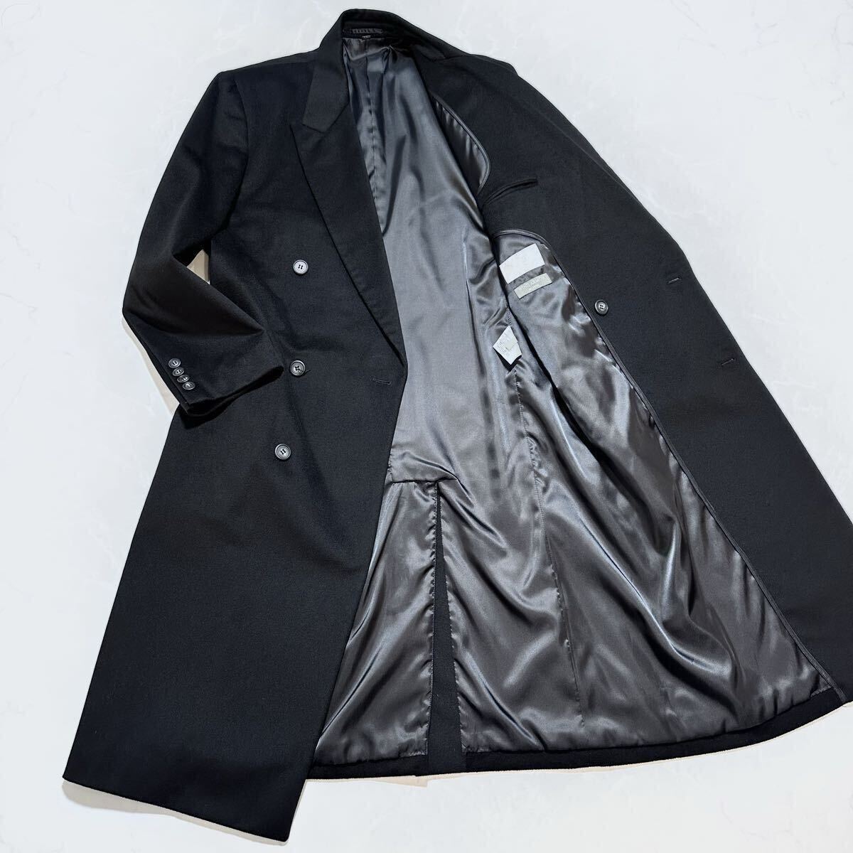 極美品 LL◎Wind Armor ピュアカシミヤ100% ダブルチェスターコート ロングコート メンズ ビジネス ニチワ ブラック黒 XL ウィンドアーマー拍卖