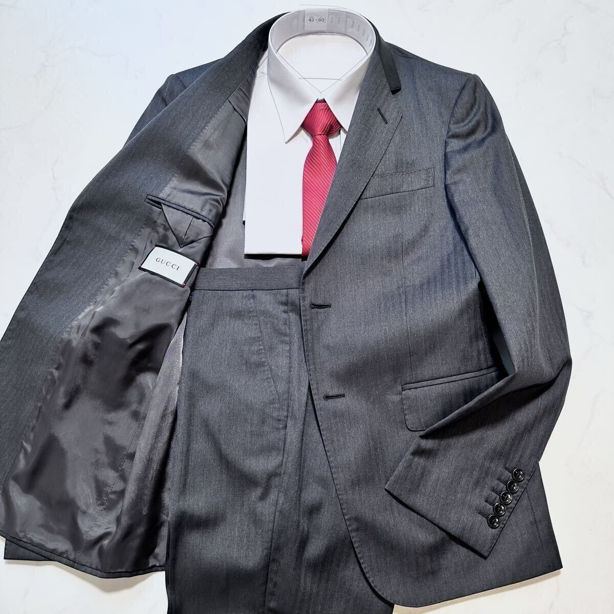L相当◎GUCCI ヘリンボーン織ウール 2つボタンスーツ ケリングタグ セットアップ シングル グレー 48 メンズ ビジネス イタリア製 グッチ拍卖