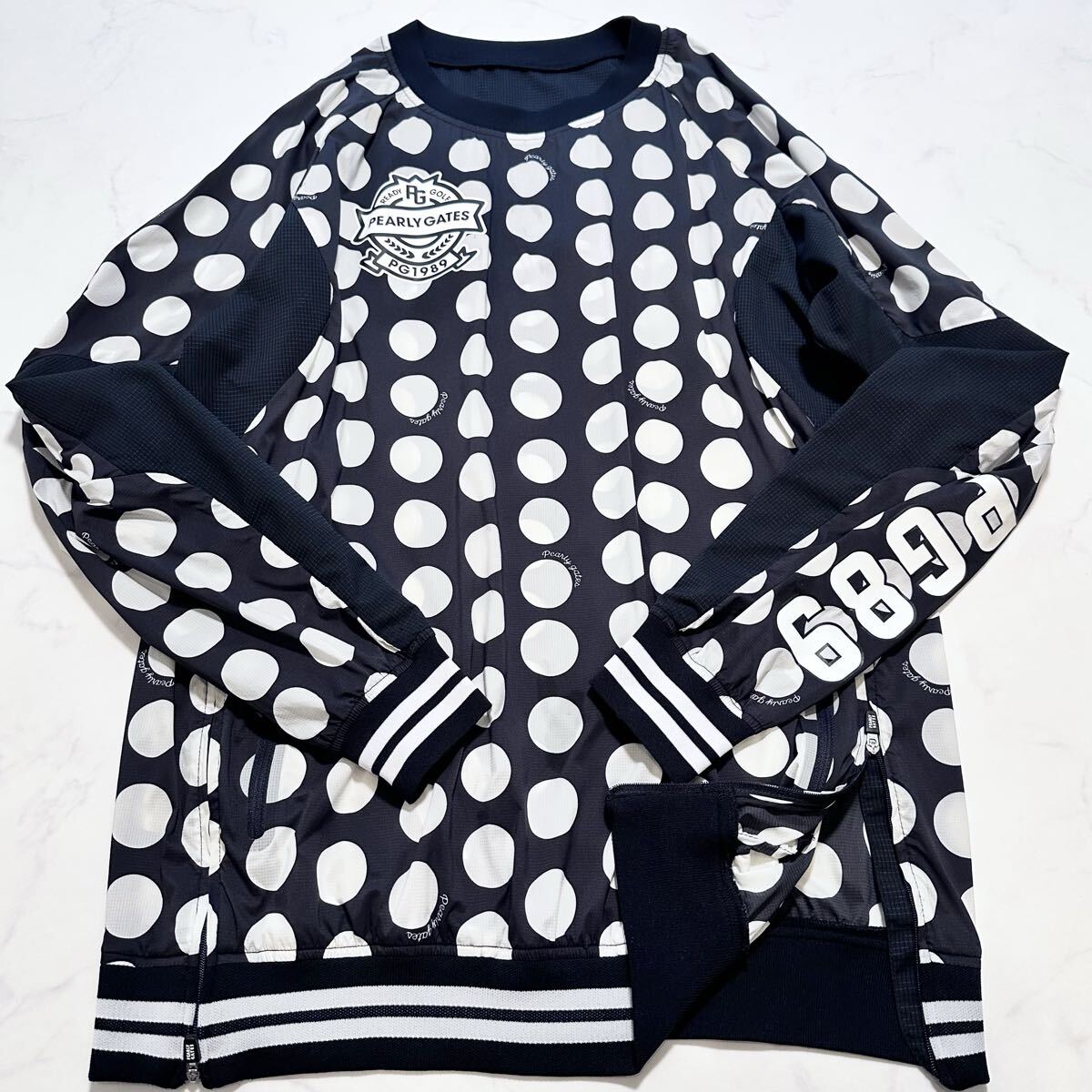 美品 XL相当◎パーリーゲイツ PEARLY GATES スニードジャック メッシュ切替 プルオーバー ドット柄 ロゴ ネイビー紺 6 ゴルフウェア メンズ拍卖