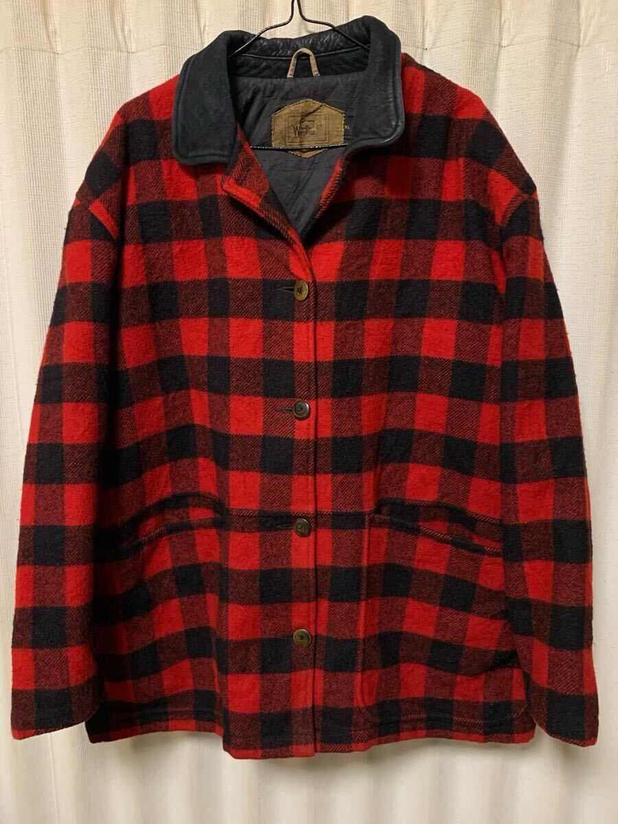 90's USA製 サイズXL Woolrich ウールリッチ バッファローチェック ジャケット レザー切替 デュポン サーモライト ヴィンテージ レザータグ拍卖