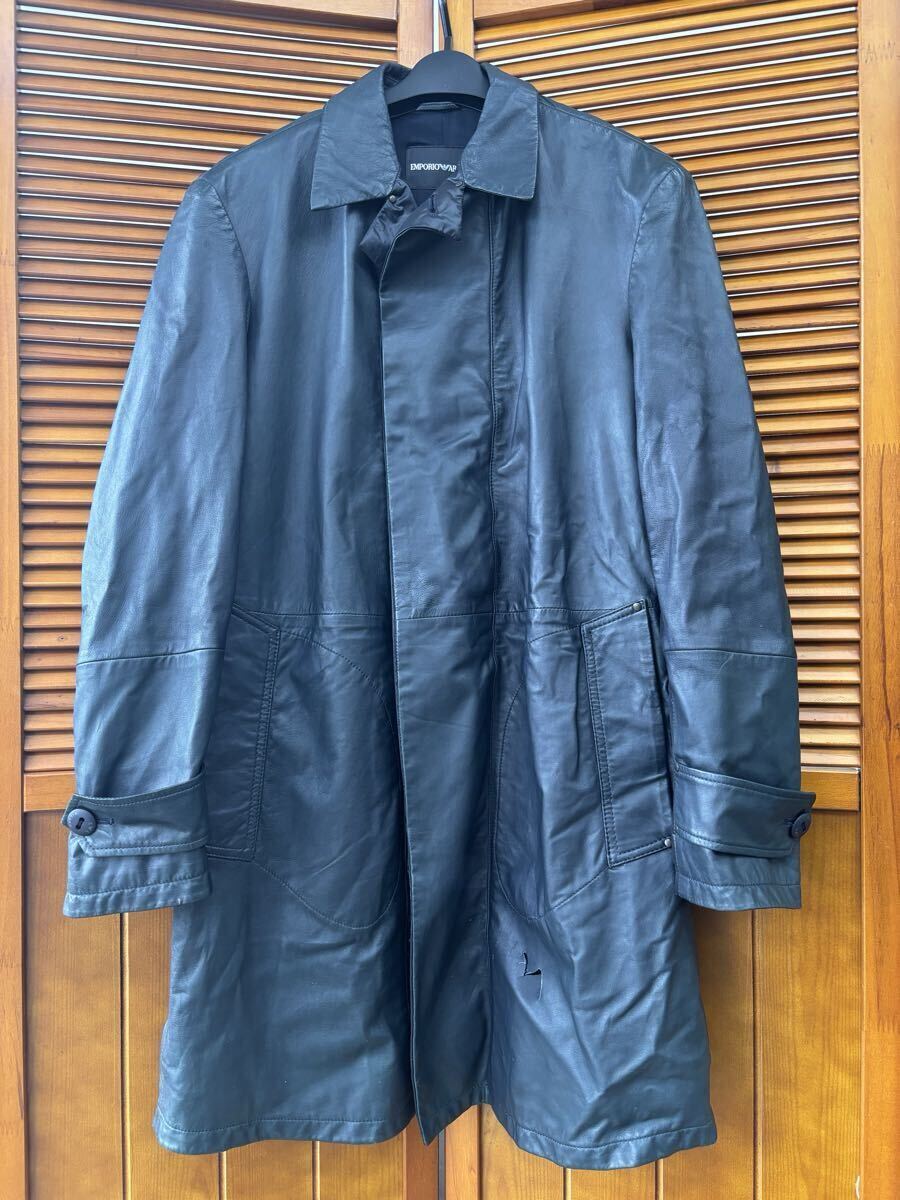 ◆1円スタート◆ EMPORIO ARMANI エンポリオアルマーニ レザーコート チェスターコート ロングコート アウター ラムレザー 黒系 本革拍卖