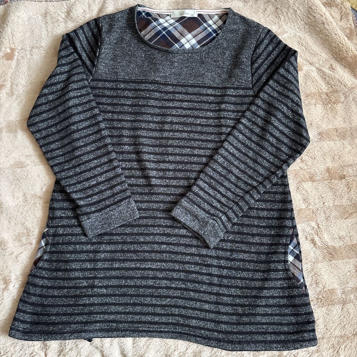 ボーダー カットソー トップス 長袖 グレー ×ブラック 関西ファッション Lサイズ チュニック Aライン LaLivie ポケット チェック拍卖
