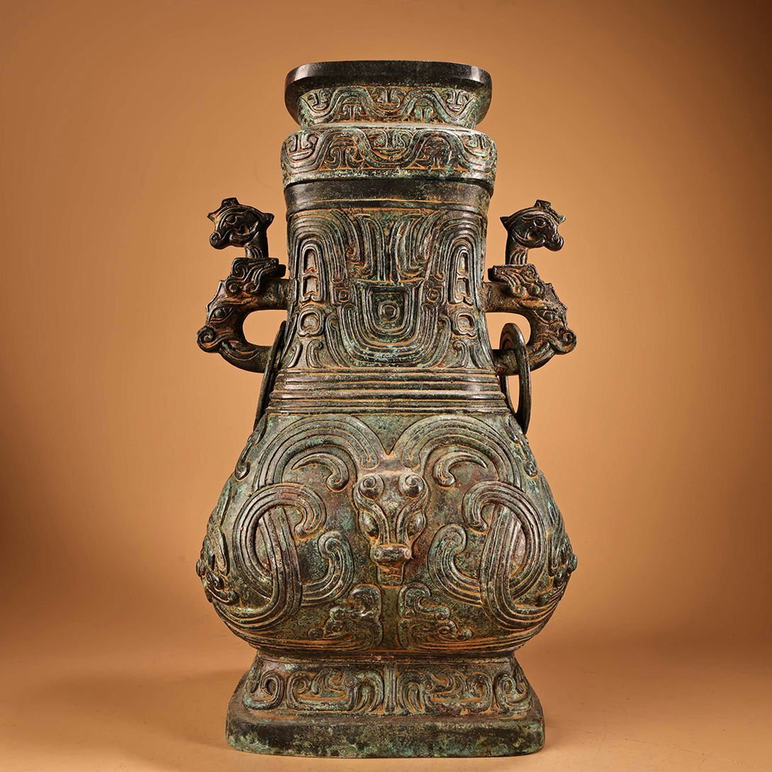 ◆羽彰・古美術◆Y6118西周時代 青銅器 青銅龍紋方花瓶 細密細工★古置物★古賞物★古擺件★蒐集家放出★唐物拍卖