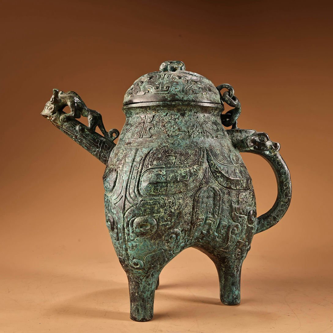 ◆羽彰・古美術◆Y6139西周時代 青銅器 青銅三腿茶壺 酒壺 細密細工★古置物★古賞物★古擺件★蒐集家放出★唐物拍卖