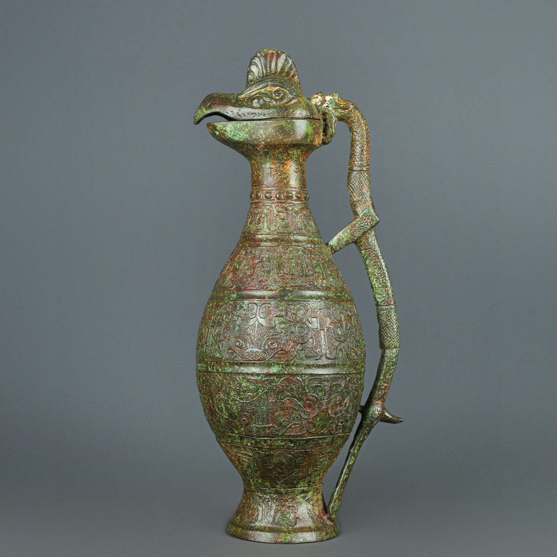 ◆羽彰・古美術◆Y6171西周 青銅器 青銅高龍鳳提梁 細密細工★古置物★古賞物★古擺件★蒐集家放出★唐物拍卖