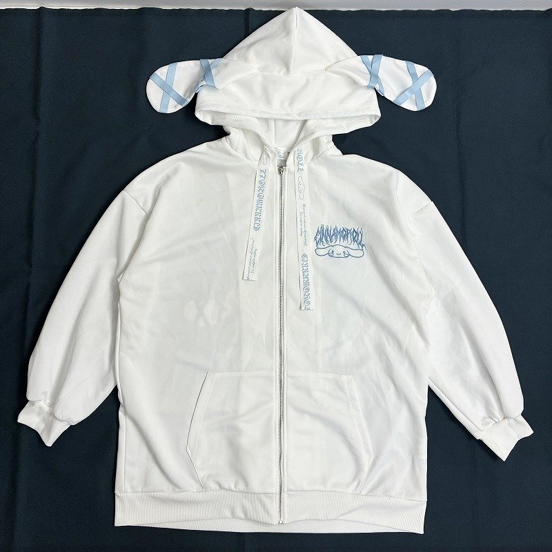 ◆ CINNAMOROLL シナモロール パーカー バックプリント シッポ・耳付き ジップアップ 古着 ホワイト サイズL レディース 0.69kg拍卖