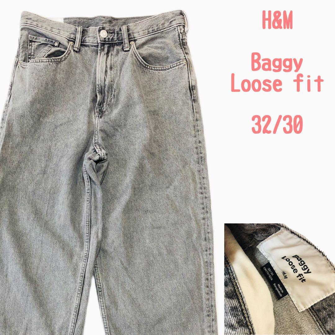 H&M デニムパンツ グレー Baggy Loose fit 32/30拍卖
