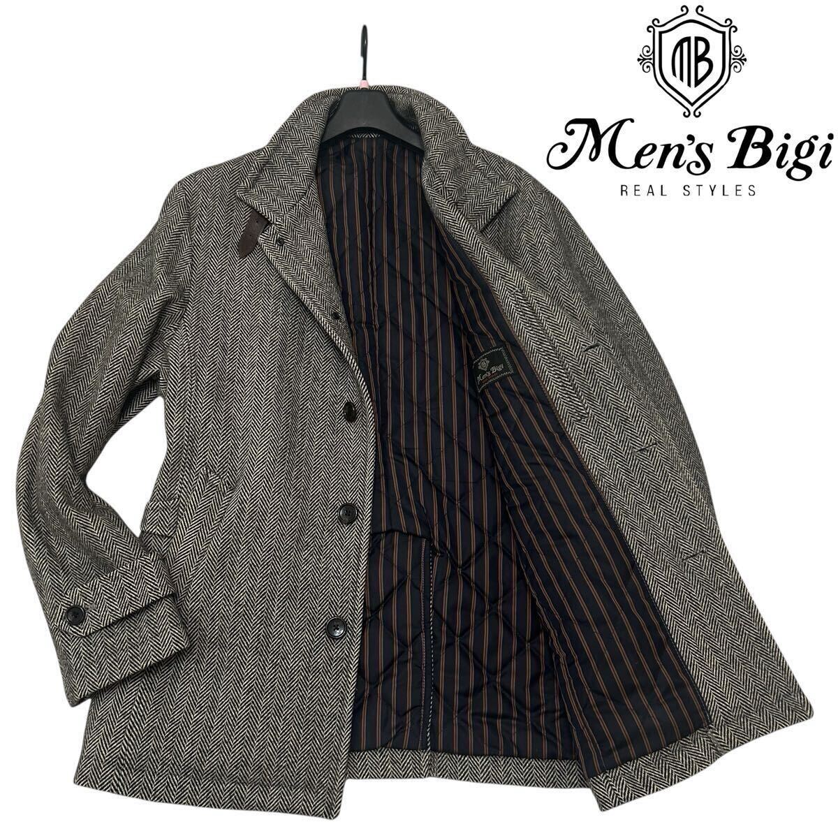 【MEN'S BIGI】メンズビギ 日本が誇る高品質な毛織物 尾州ツイード ヘリンボーン柄 スタンドカラーコート サイズL/定価50,000円 ビジネス 拍卖