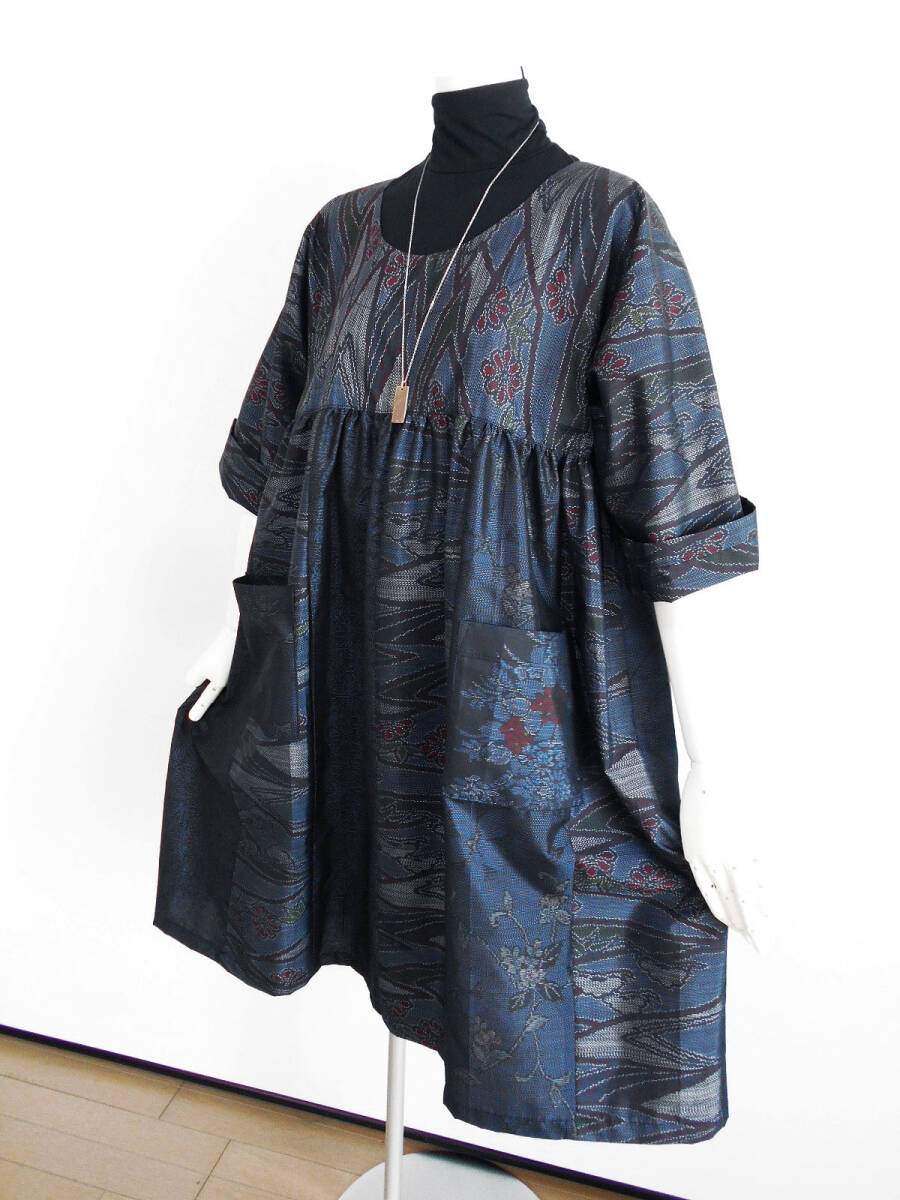 紀紀/7種泥大島紬 通年着れる七部袖 チュニックワンピース/着物リメイク拍卖