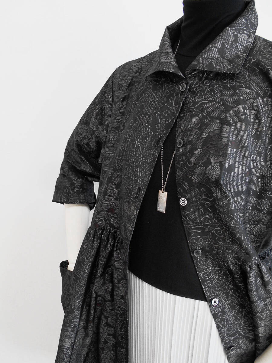 紀紀/泥大島紬、今風水平角衿ウエストギャザーワンピコート/着物リメイク拍卖