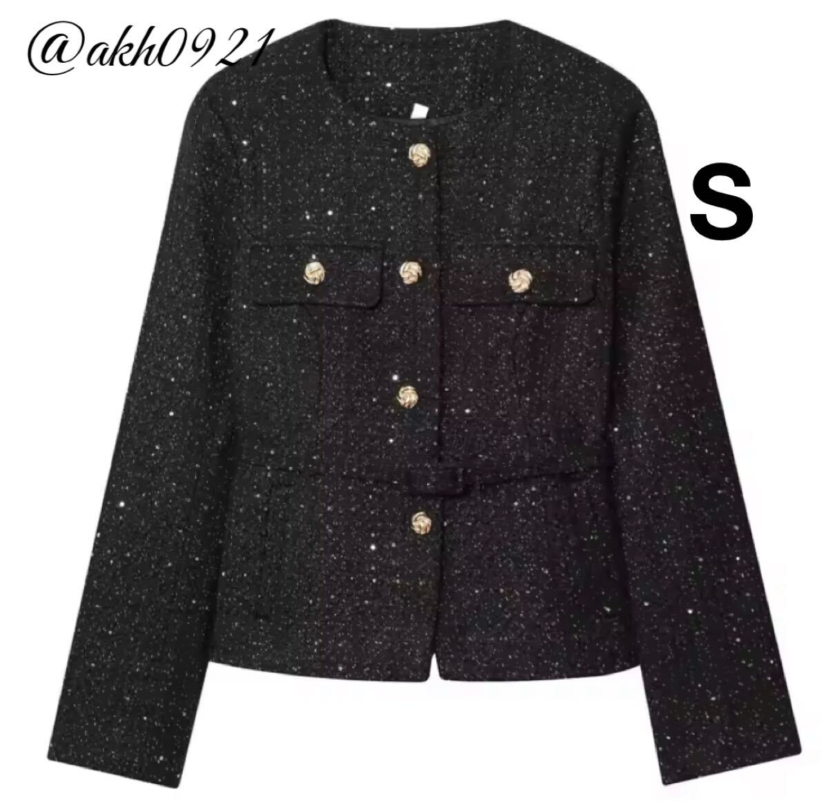 新品★2025 秋新作★vintage ヴィンテージ レトロ ブラック ツイード ノーカラージャケット アウター Sサイズ レディース★ZARA 好きな方に拍卖