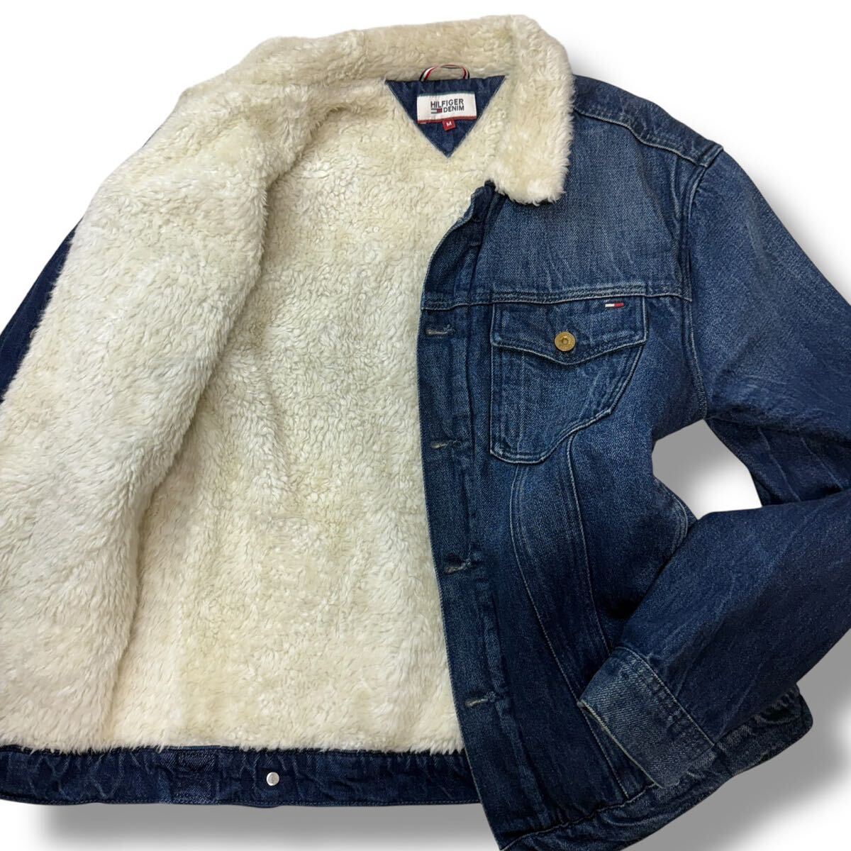 1167 希少L相当 美品!!トミーヒルフィガー TOMMY HILFIGER デニムジャケット 裏ボア ブルゾン ロゴ刺繍 メタルボタン インディゴ メンズ拍卖