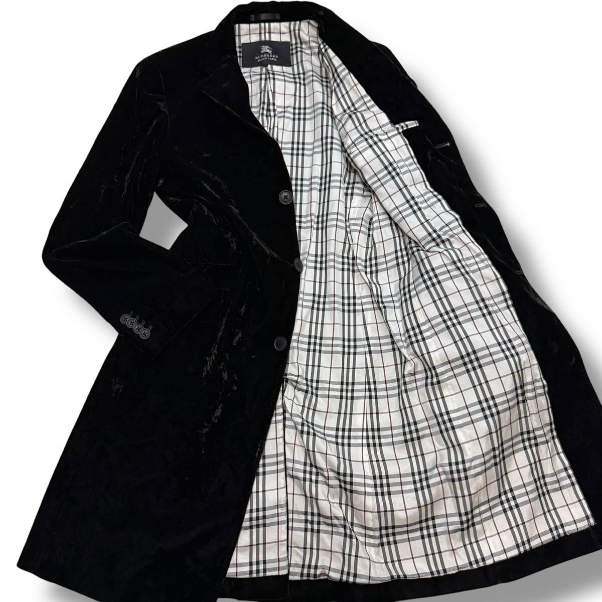 1046 美品 希少Lサイズ BURBERRY BLACK LABEL ベロア チェスターコート バーバリーブラックレーベル ロング 黒 ブラック ノバチェック拍卖