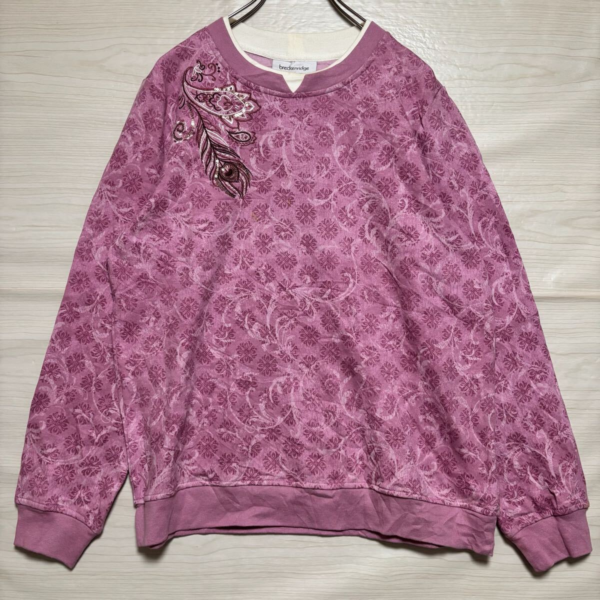brecknidge ブレッケンリッジ スウェット トレーナー 刺繍デザイン 花柄 サイズM ピンク コットン レディース トップス (31)拍卖
