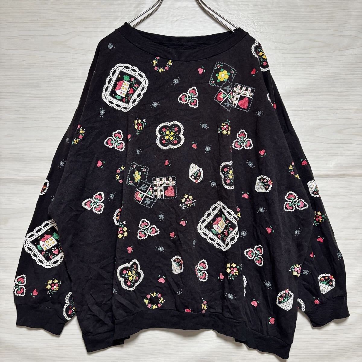 VINTAGE ヴィンテージ スウェット トレーナー 花柄プリント 総柄 裏起毛 サイズL ブラック 黒 コットン メンズ トップス (31)拍卖