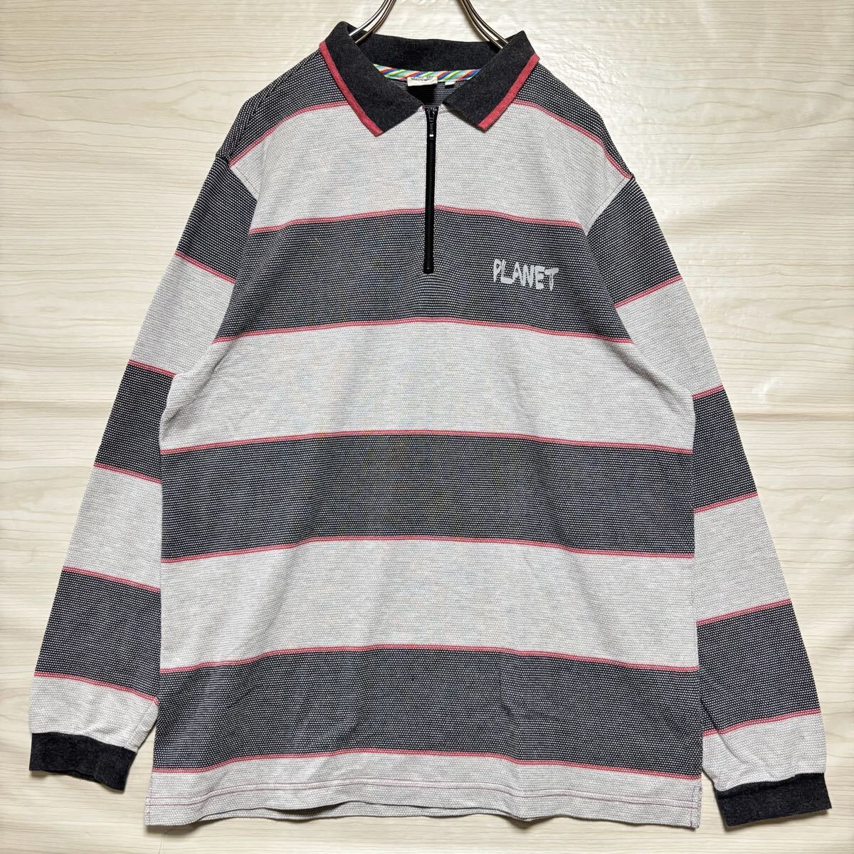 PLANET プラネット 長袖ポロシャツ 長袖シャツ 鹿の子 ハーフジップ ボーダー サイズL マルチカラー コットン メンズ トップス (33)拍卖