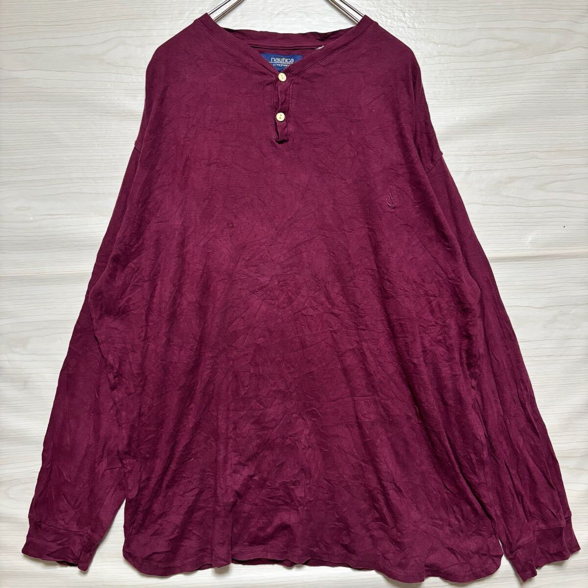 NAUTICA ノーティカ ロンT 長袖Tシャツ 長袖カットソー ヘンリーネック ロゴ刺繍 サイズXL相当 ボルドー コットン メンズ トップス (35)拍卖