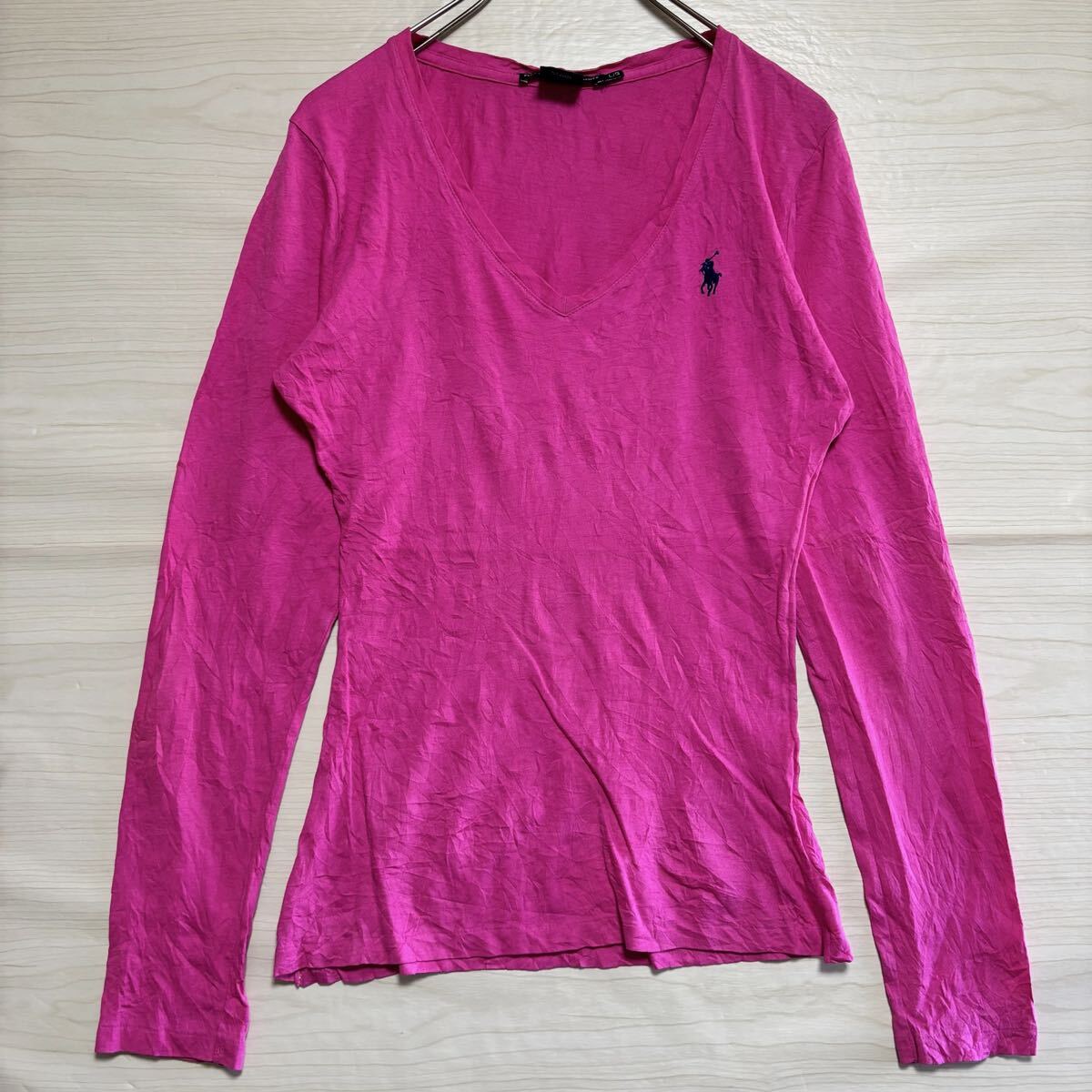 POLO RALPH LAUREN ラルフローレン ロンT 長袖Tシャツ 長袖カットソー Vネック ポニーロゴ刺繍 サイズL ピンク レディース トップス(36)拍卖