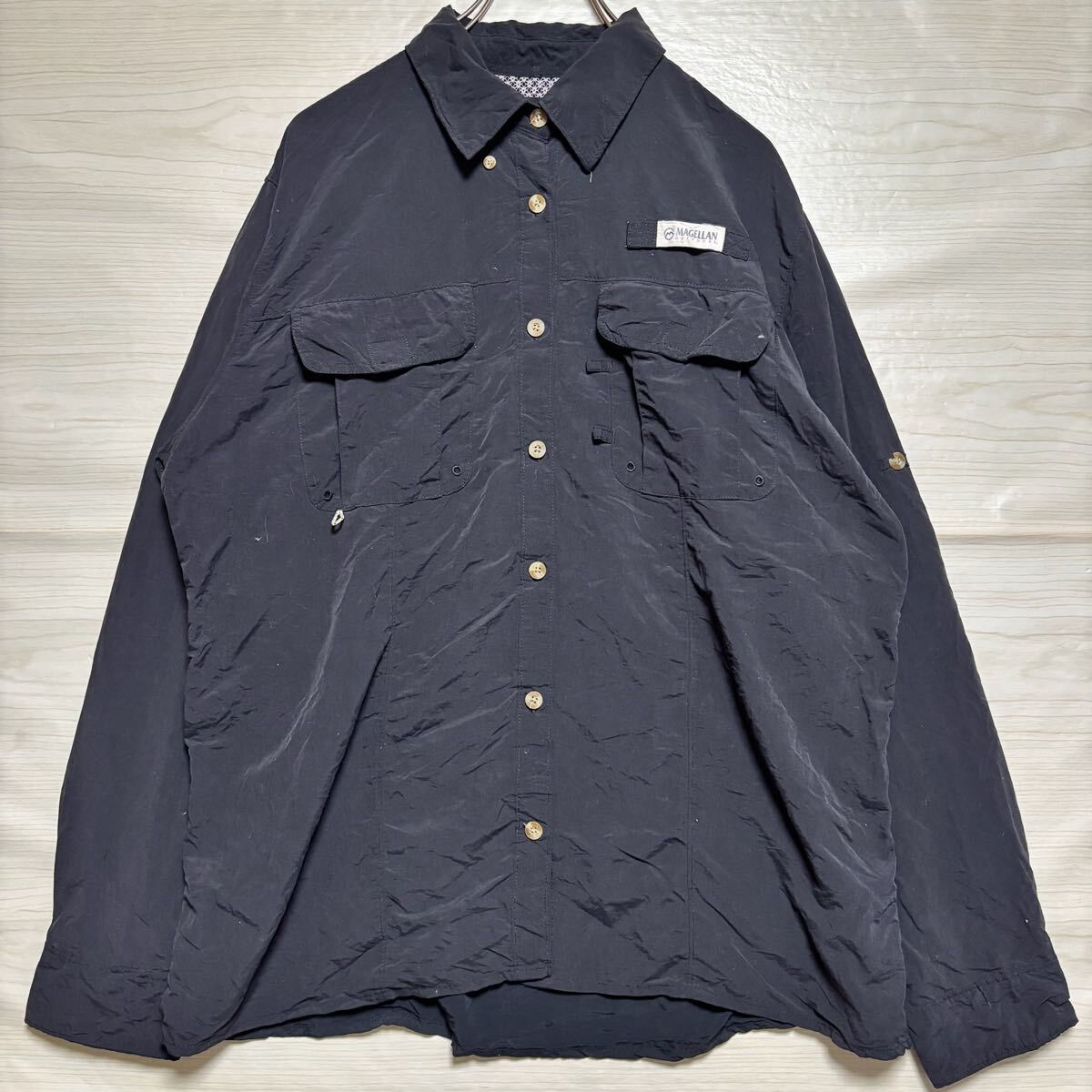 MAGELLAN マゼラン 長袖シャツ ボタンダウン ナイロンシャツ シェル 防水性 サイズXL ブラック 黒 ポリエステル メンズ トップス(37)拍卖