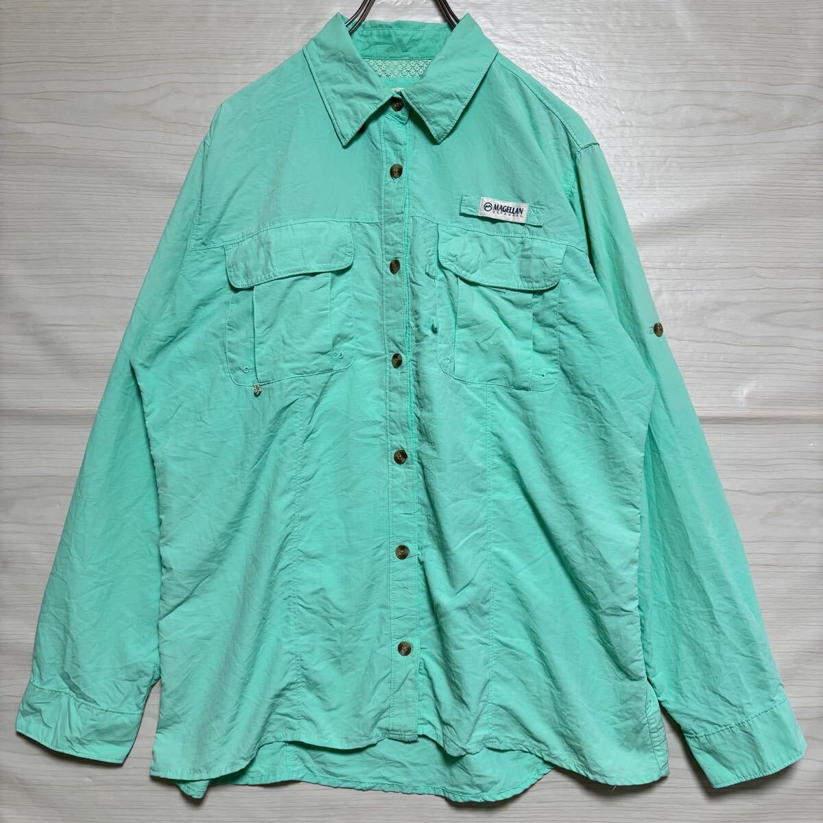 MAGELLAN マゼラン 長袖シャツ ボタンダウン アウトドアシャツ シェル 防水性 ナイロンシャツ サイズL 緑 メンズ トップス(37)拍卖