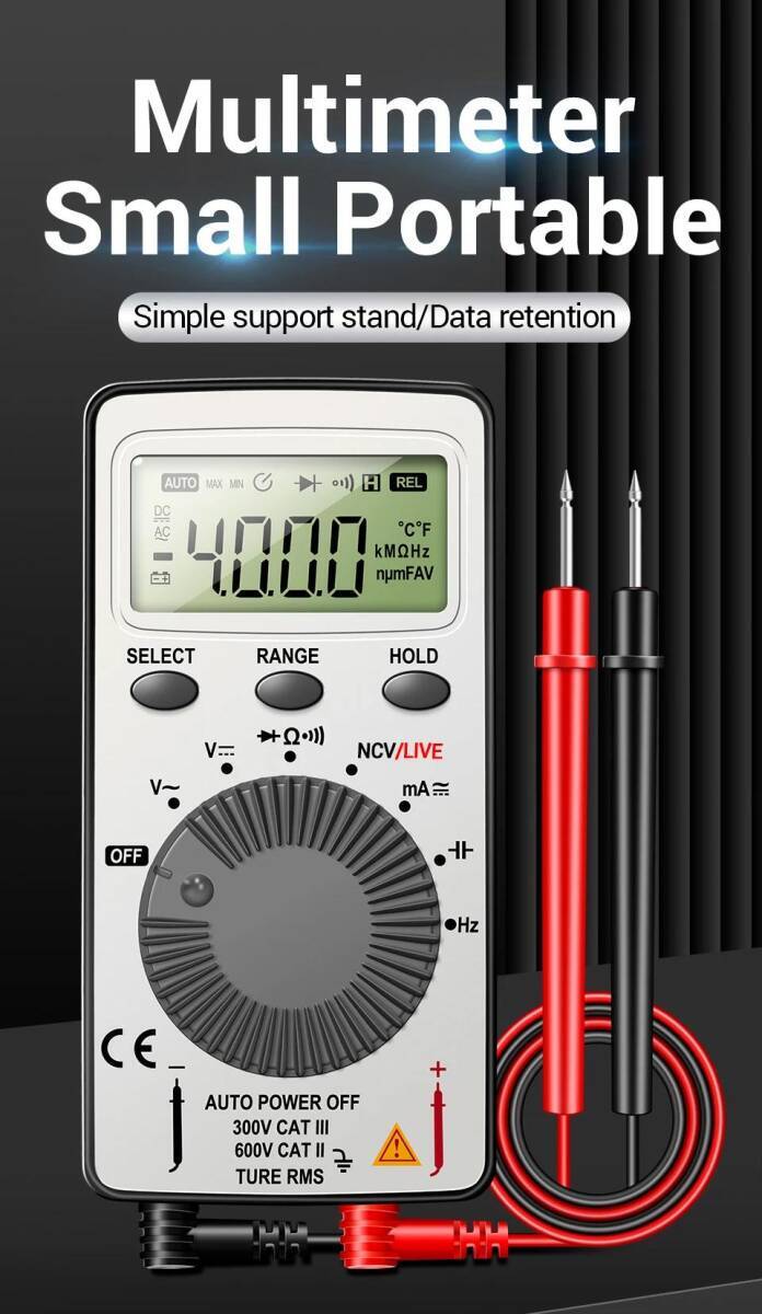 厚み1.36cm 超薄型 小型ポータブル カード型 多機能デジタル・マルチメータ コンデンサ容量計・周波数計測機能付き AC/DC電圧・電流計測拍卖