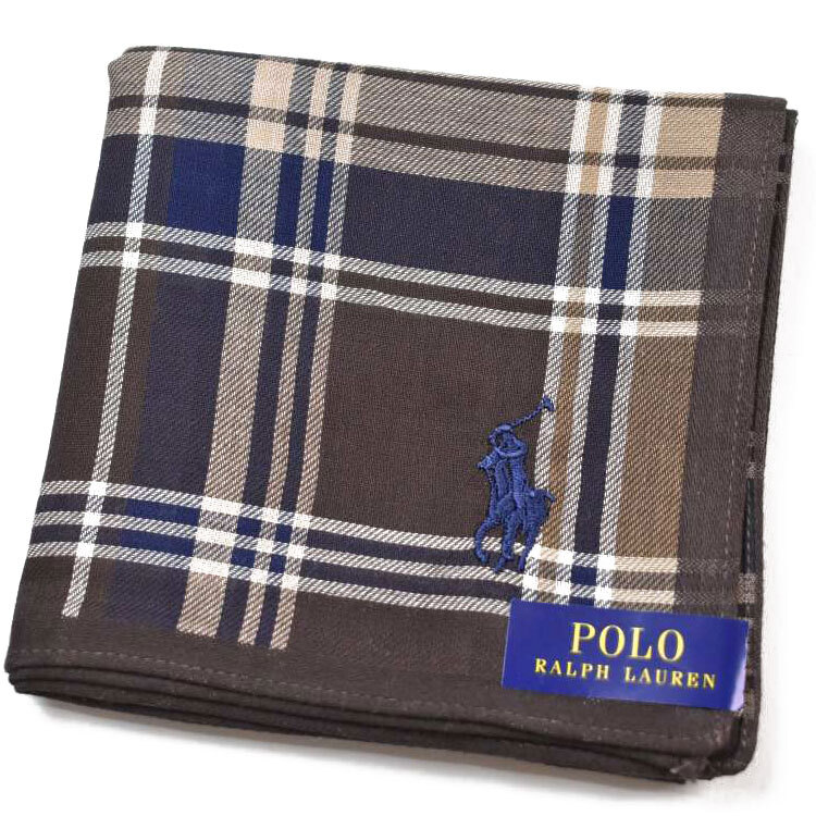 ハンカチ メンズ ポロ ラルフローレン 綿 茶 ブラウン 紺 ネイビー チェック ロゴ 刺繍 通勤 通学 父の日 プレゼント拍卖