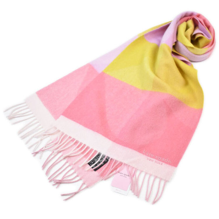 マフラー レディース ケイト スペード ニューヨーク ブランド カシミヤ 100% スペード ブロック デザイン ピンク イエロー拍卖