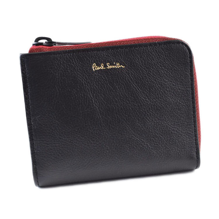 財布 レディース 二つ折り ミニ財布 ポールスミス コンパクト ストライプ ジップ L字 ファスナー 専用箱付 黒 ブラック 女性 婦人 本革拍卖