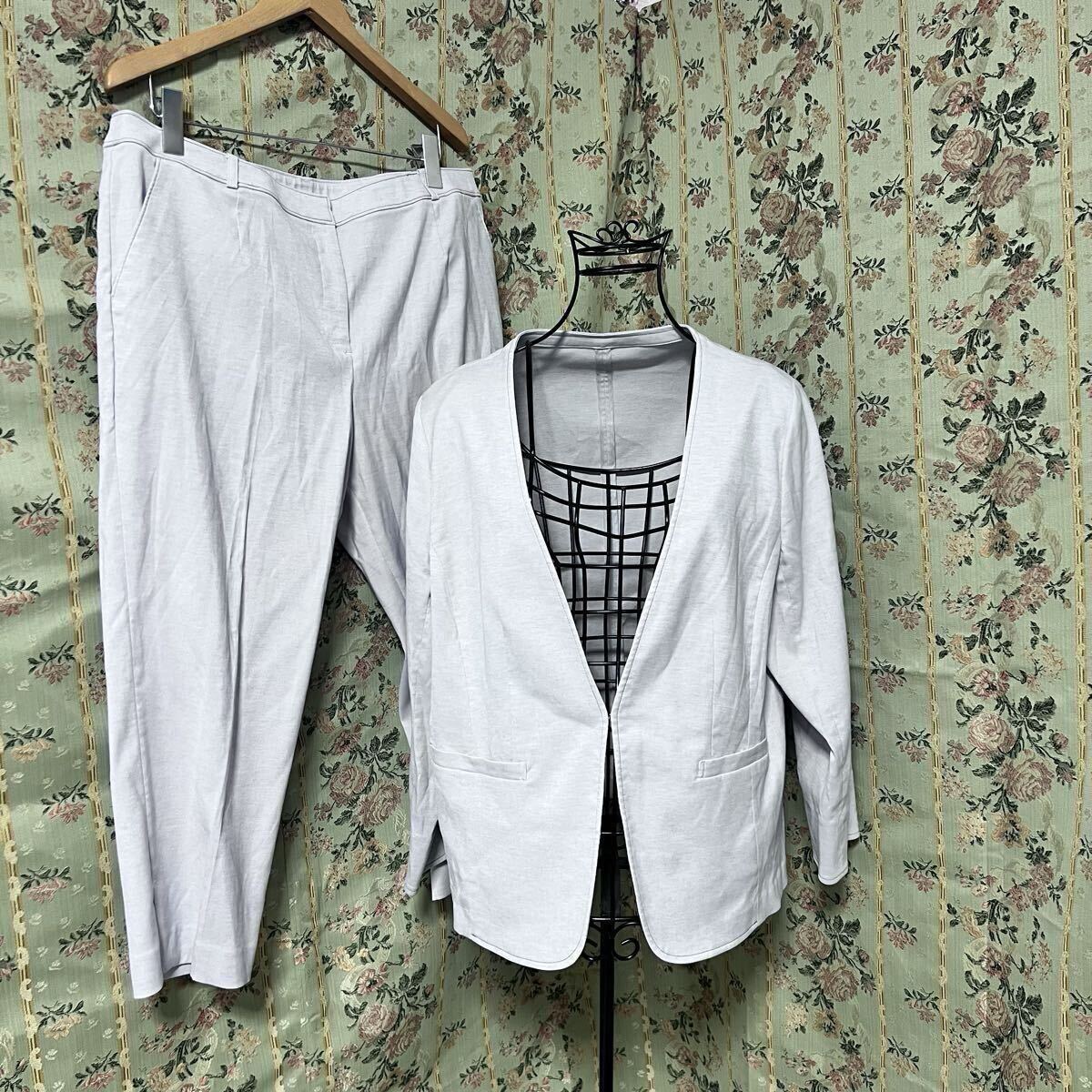 大きいサイズ 6L RU アールユー セットアップ スーツ レディース グレー ジャケット パンツ 上下セット リネン ノーカラー 通勤 OL マルイ拍卖