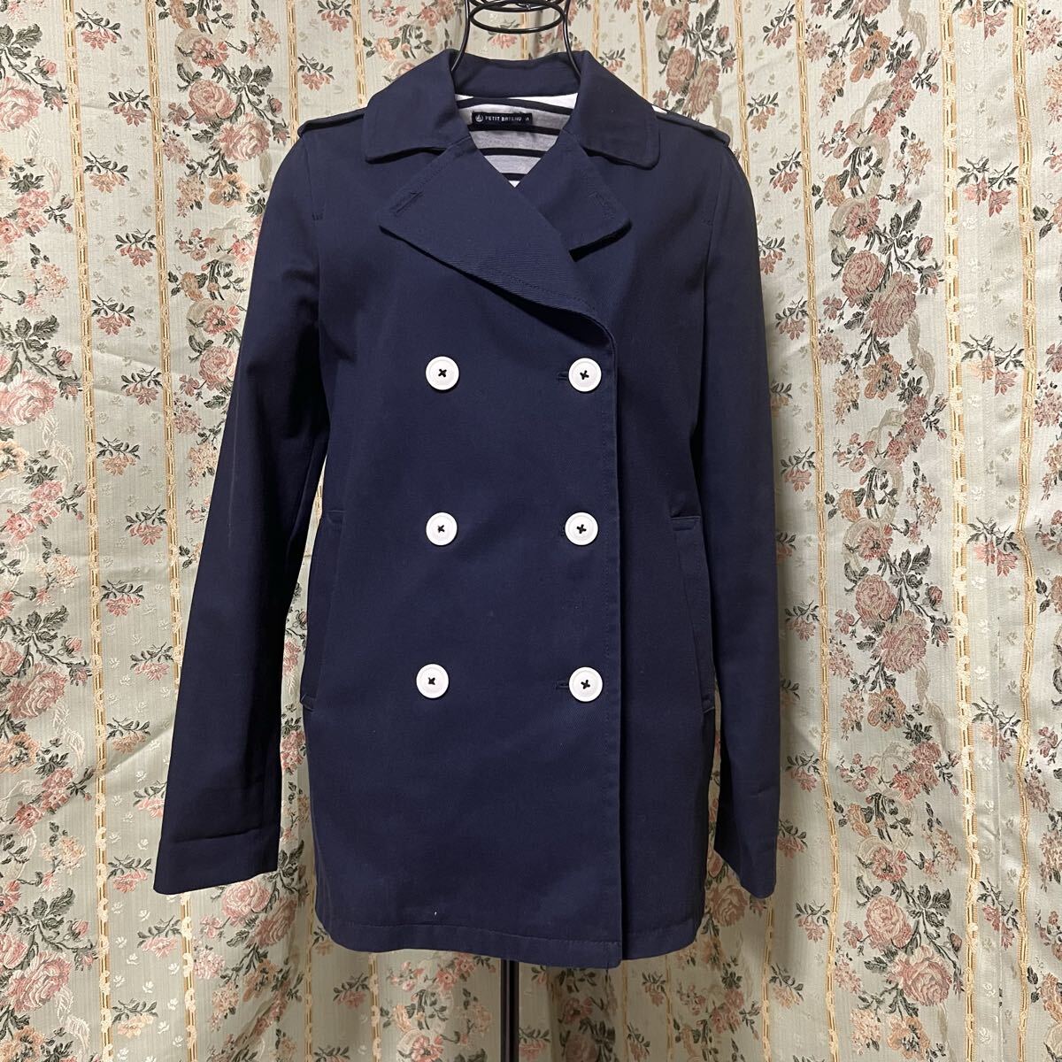 Petit Bateau プチバトー ピーコート ダブルブレスト Sサイズ ネイビー 紺 マリン トレンチ レディース フランス Pコート 長袖拍卖