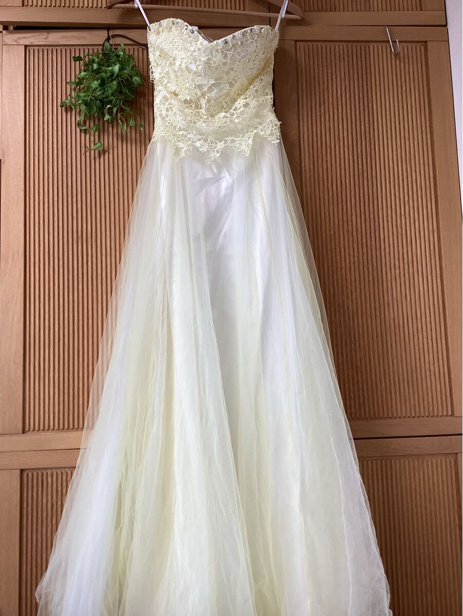 淡い黄色のレース装飾チュールドレス イエロー(二次会結婚式ピアノ発表会ステージ衣装カラードレスブライダルパーティフォーマルドレス拍卖