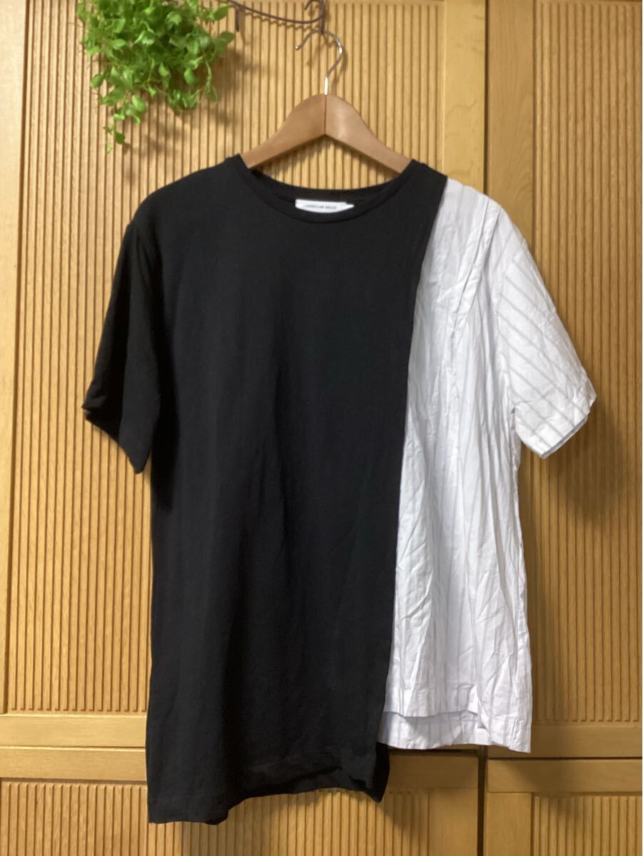 美品★AMERICAN HOLIC アシンメトリー異素材半袖Tシャツ アメリカンホリック ブランド L アシメブラック黒ホワイト白メンズライク拍卖
