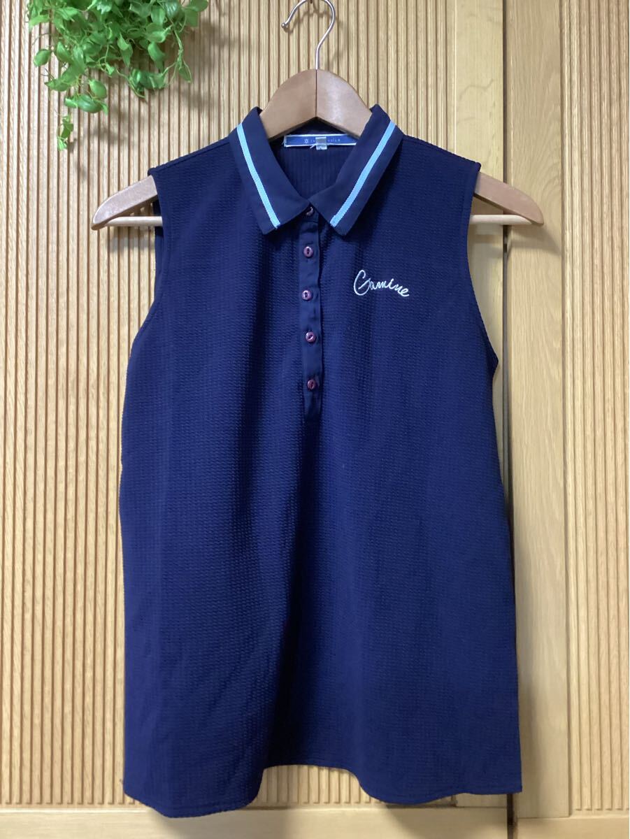 美品THE EMPORIUM★涼しいシフォン生地のノースリーブブラウス スポーツゴルフトレーニングウェアテニス M ネイビー紺 ポロシャツ拍卖