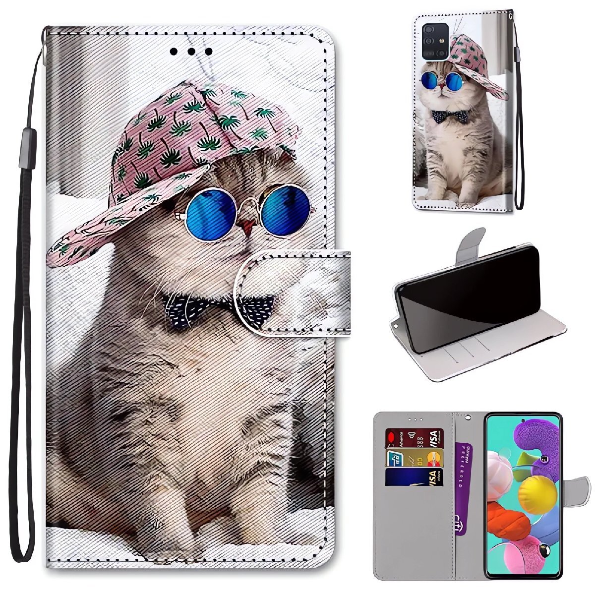 猫 サングラス iPhone対応 全機種互換品 手帳型 スマホケース ネコ キャップ ねこ カード収納 ストラップ付き 高画質プリント PUレザー拍卖