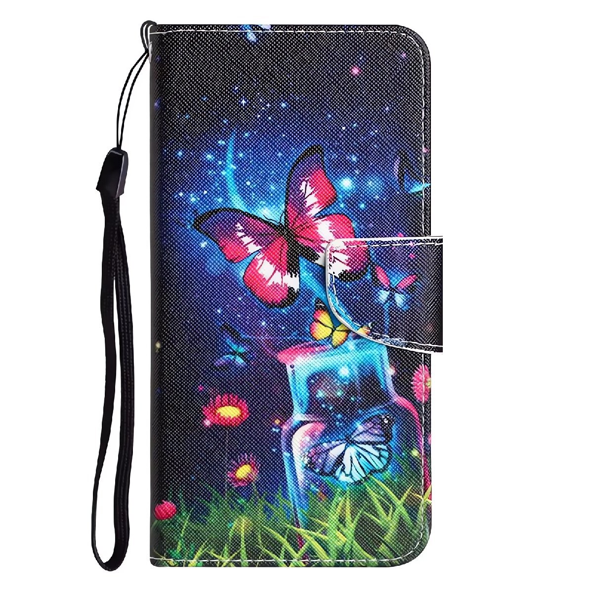 蝶 バタフライ iPhone対応 全機種互換品 手帳型 スマホケース チョウチョ 夜空 カード収納 ストラップ付き 高画質プリント PUレザー拍卖