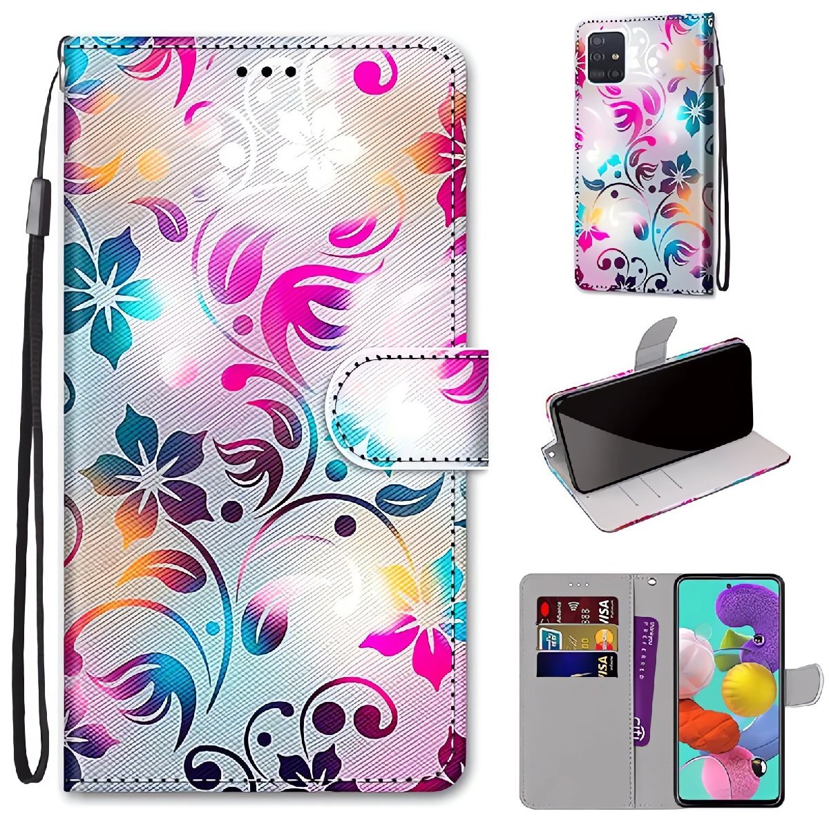 花柄 フローラル柄 iPhone対応 全機種互換品 手帳型 スマホケース フラワー アート カード収納 ストラップ付き 高画質プリント PUレザー拍卖