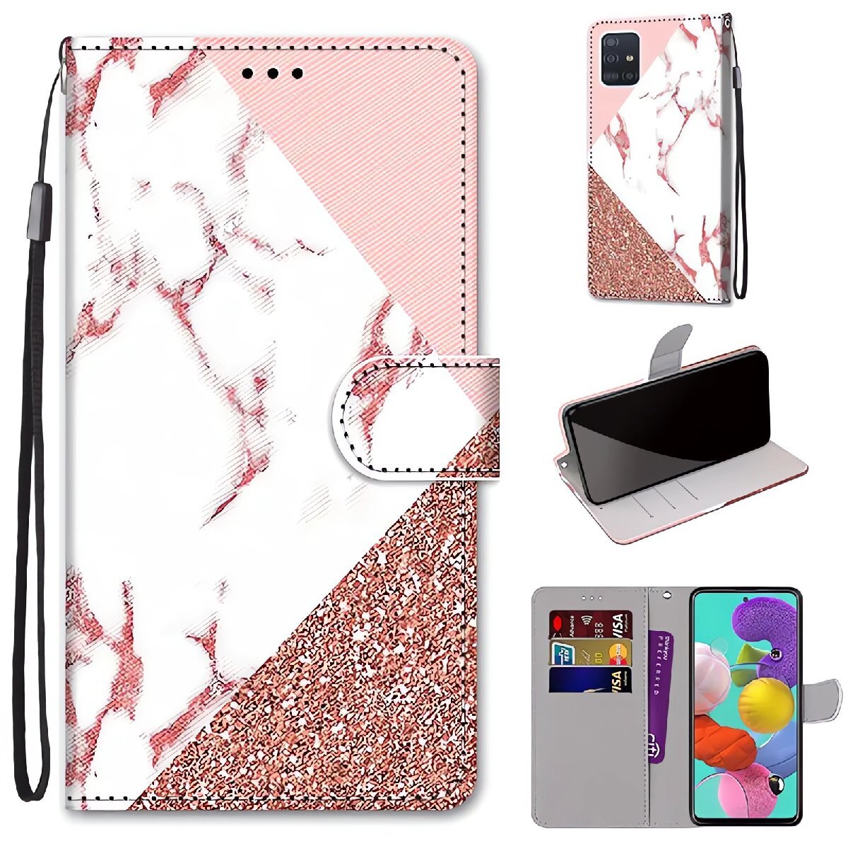 大理石柄 ラメ柄 iPhone 16 手帳型 スマホケース マーブル 切り替え風 カード収納 ストラップ付き 高画質プリント PUレザー拍卖