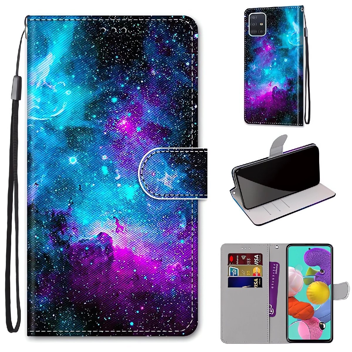 宇宙 天の川 iPhone 15 Pro 手帳型 スマホケース 星雲 天体アート カード収納 ストラップ付き 高画質プリント PUレザー拍卖