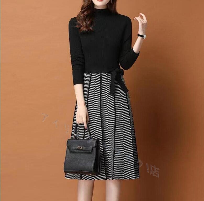 ☆新品秋冬 ニットワンピース レディース ワンピース ニットワンピース レディース 40代 長袖ワンピース 膝丈 黒 配色ワンピース Mサイズ拍卖